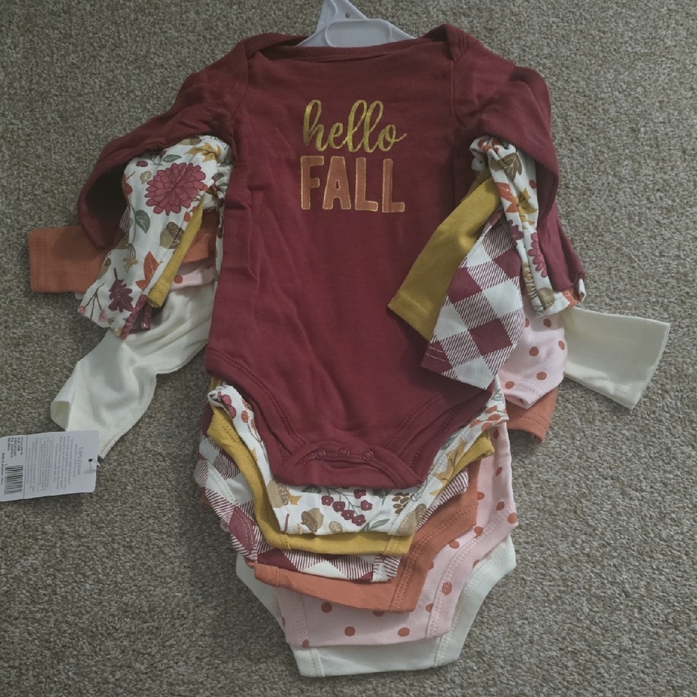 NWT New 7 Onsies Hudson Baby Fall Bodysuits Set - Red, Yellow, Cream Long Sleeve